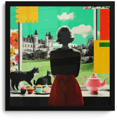 Poster in lijst - Fotolijst 40x40 cm - Posters - Vrouw - Keuken - Katten - Doorkijk - Posterlijst zwart - Decoratie - Wanddecoratie woonkamer - Muurdecoratie slaapkamer