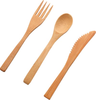 3-delige Tafelgerei - Cutlery set - Herbruikbaar - Draagbaar Tafelgerei voor Thuisgebruik - Houten Keukengerei - Lepel, eetstokjes, mes - 16cm - Hout