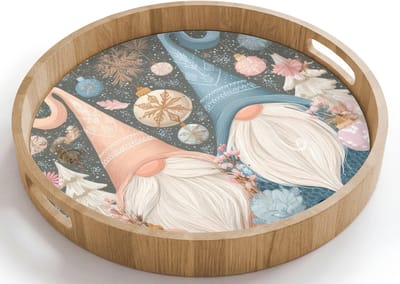 Dienblad rond 40x40 cm - Schootdienblad hout - Kerst - Gnomen - Pastel - Borrelplank rechthoek - Plateau houten dienbladen