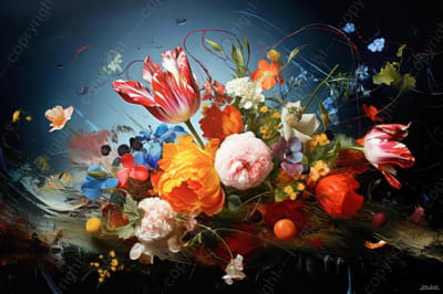 John Joseb Art (Canvas) 60x40 | Bloemen, boeket, stilleven, geschilderde stijl, kunst | abstract, kleurrijk, felle kleuren, blauw, rood, oranje, geel, groen, roze, modern | Foto-Schilderij canvas print (wanddecoratie)