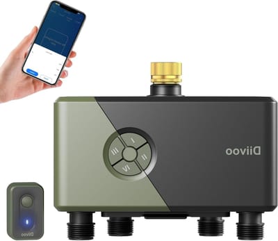 4-Zone WiFi Besproeiingscomputer met Messing Inlaat, Slimme Tuinslang en 4 Uitgangen, Compatibel met Alexa en Google Assistant, 24 Besproeiingsplannen voor Tuinonderhoud