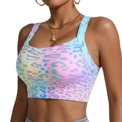 Gemengde kleur sport bh dames pastel leopard print cropped top naadloze sport top brede bandjes stretchy fitness bh ademend yoga top casual sport kleding M