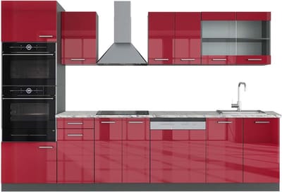 Vicco R-Line Complete keukeneenheid – 300 cm met hoge kast, WB Marmer Rood hoogglans/antraciet