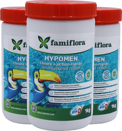 Famiflora - Snelwerkend anorganisch chloor 3KG (3 x 1kg) - granulaat - niet-gestabiliseerd chloor - Snelle werking - Snel gebruiksklaar - Efficiënte desinfectie