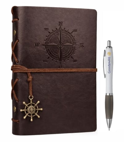 Goodz4All Vintage Lederen Notitieboek met Pen - Schetsboek Notebook - Travel Journal Refill Donker Bruin-Reis Dagboek Retro met Blanco Papier Navulbaar A5