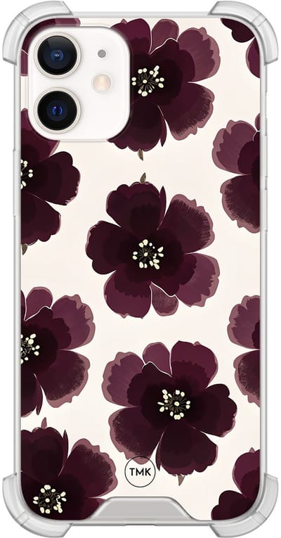 Shockproof hoesje geschikt voor Apple iPhone 12 mini - Burgundy flowers - Schokbestendig - Verhoogde randen - TPU case - Extra Sterke Back Cover - Bloemen - Transparant, Rood