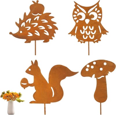 Herfstdecoratie voor de Tuin - 4-delige Set met Egel, Uil, Paddenstoel en Eekhoorns - Metalen Stapelbare Tuindecoratie voor Bloempotten en Terras Geschenkidee