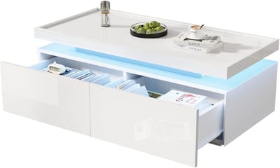 MODFU Salontafel 95 x 45 x 35 cm van spaanplaat, hoogglans wit met LED en 2 lades, minimalistisch design