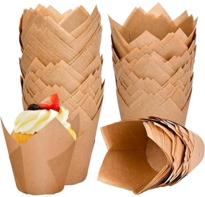Daity 50-pack - Natuurlijke tulpvormige papieren bakjes - Taartvormpjes - Standaard cupcakevormpjes - Lekvrije taartvormpjes (bruin)