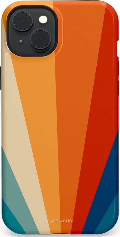 Casetastic hoesje geschikt voor Apple iPhone 15 Plus - MagSafe - Dubbellaagse bescherming - Retro straal - Fashion Case - Oranje Okergeel Petrol Rood