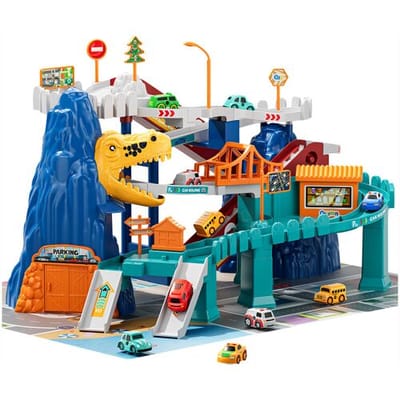 TEMI Dinosaurus-racebaan speelset, speelgoed met garage en parkeeravontuur voor kinderen met 10 mini-auto's, educatieve speelset met hellingen,