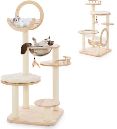 COSTWAY Krabpaal van hout, 4 doe-het-zelf vormen, kattenboom met platforms, ruimtecapsule, sisalpalen en speelgoed, grote kattenkrabpaal, kattenmeubel, activiteitenboom, klimboom, 146 cm, eikenhout