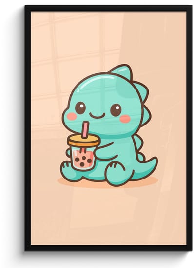 Poster in lijst - Fotolijst 60x90 cm - Posters - Dino - Boba - kawaii - Oranje - Posterlijst zwart - Decoratie - Wanddecoratie woonkamer - Muurdecoratie slaapkamer