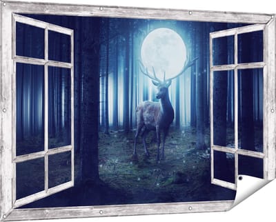 Gards Tuinposter Doorkijk Hert in het Bos tijdens Volle Maan - 150x100 cm - Tuindoek - Tuindecoratie - Wanddecoratie buiten - Tuinschilderij