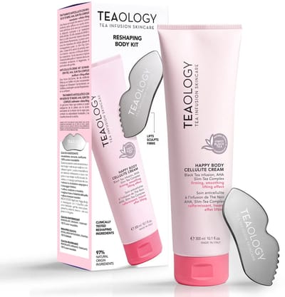 Teaology Happy Body Reshaping Kit - Anti‑Cellulite Set Met Happy Body Cream Gel + RVS Gua Sha Massage Tool - Vermindert Ongelijkmatige Huid, Stimuleert Doorbloeding & Verbetert Silhouet