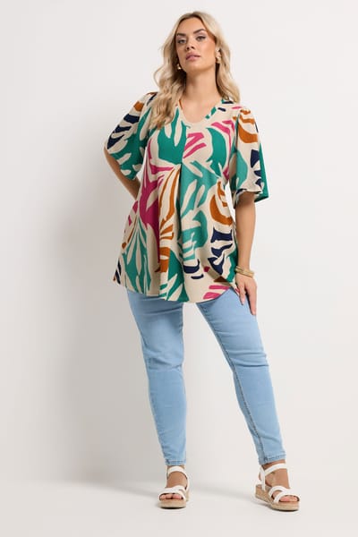 Yours Natuurlijke Bruine Top Met Abstracte Textuur En Geplooide Voorkant Size 44