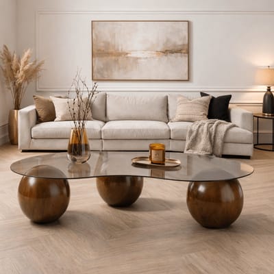 Dimehouse Organische salontafel grijs getint glas walnoot bolpoten Sphere 120x70 cm - 120 x 70 x 30 cm - Glas - Japandi - Organisch