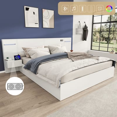 Tweepersoonsbed - 160x200 cm - Houten Bed met Bluetooth & USB - Inclusief LED en Nachtkastjes - Hout - Wit