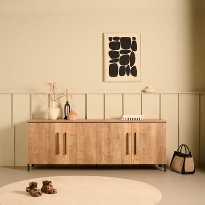 Dressoir Culemborg - Houtlook/Metaal - Mango/Zwart - 218x80x45 cm (BxHxD) - Krasvast - Softclose