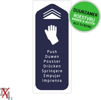 Deurbord/ Dibond | "Duwen" + 6 andere talen | 10 x 20 cm | Bord | Deur | Iedereen welkom | Internationaal | Duurzaam | Roestvrij | 1 stuk