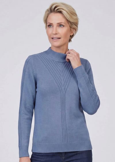 Tricot pullover met opstaande kraag en geribd patroon - rookblauw - Gr. 19 van Goldner Fashion