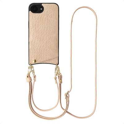 Selencia Hoesje - Geschikt voor Apple iPhone 17e / 16e - Croco Backcover met koord en pashouder - Beige