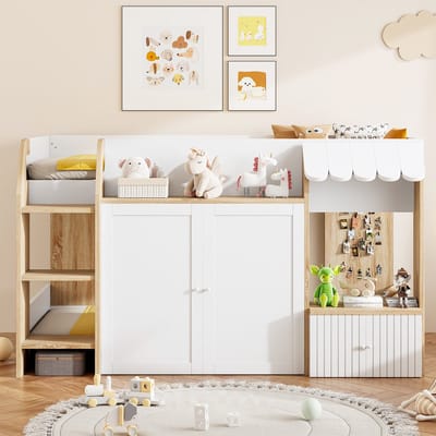 Kinderhuisbed 90x200, met open opbergruimte, met klimladder, halfhoog kinderhoogslaper, massief houten kinderstapelbed zonder matras, houtkleur + wit