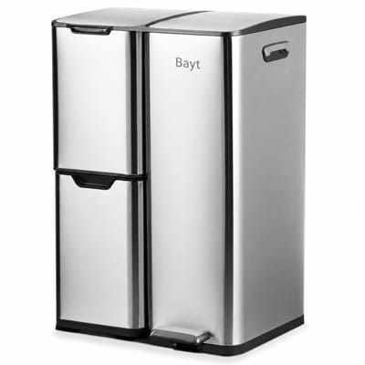 Bayt Prullenbak - Prullenbak 60 Liter - Vuilnisbak 60 Liter - Pedaalemmer 60 Liter - Prullenbak Afvalscheiding - Prullenbak 3 Vakken - Afvalbak - RVS - Zilver