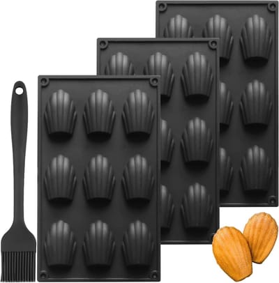 Madeleine Bakvorm Set van 3 Stuks - 9 Holes, Antiaanbaklaag en Siliconen Kwast voor Chocolade Mousse Taart en Gebak