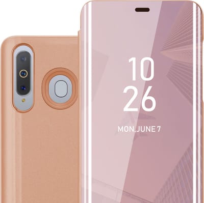 Cadorabo Hoesje geschikt voor Samsung Galaxy A8s in KUNZIET ROZE - Clear View Spiegel Beschermende Case met Tribunefunctie 360 Graden Bescherming Book Case Cover Etui