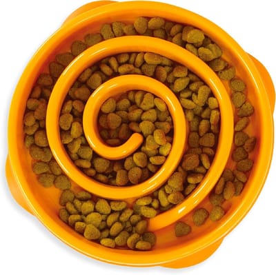 Famanu – Hondenvoerbak tegen schrokken - interactieve slow feeder - helpt eettempo te vertragen en te verbeteren - geschikt voor kleine en middelgrote honden - oranje - maat Mini/Medium