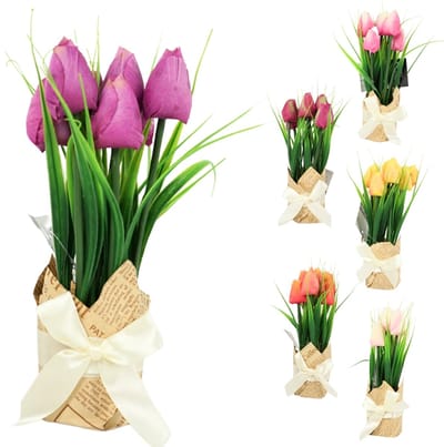 Kunstbloemen 6 tulpen in cadeauverpakking 23 cm assorti kleur, doos met 6 bossen