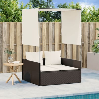 vidaXL - Ligbed - tweepersoons - met - dak - en - gordijn - poly - rattan - bruin