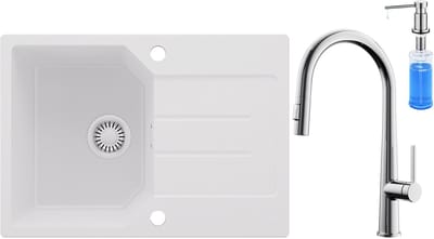 Anycee MAX Granieten Spoelbak 65x45CM - Spoelbakken Keuken Wit - Wasbak Keuken Met keukenkraan met uittrekbare uitloop en Zeepdispenser - Spoelbak Met Planchet en Afdruiprek - Spoelbakken Incl. Sifon en Afvoerzeefje
