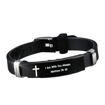 Christelijke Armband Unisex - Met Kruis & Bijbeltekst (Mattheüs 28:20) - Zwart Siliconen & RVS - Verstelbaar & Waterbestendig - Betekenisvol Geloof Cadeau