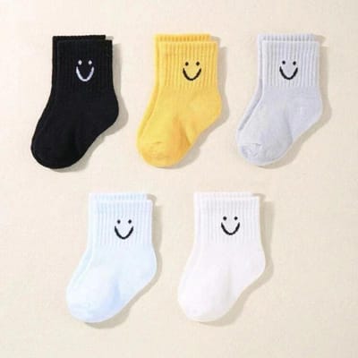 5 Paar Babysokken Schattig Grappig Gezicht Emoticons Patroon Comfortabele Kinderen Jongens Meisjes Sokken L 13-14cm yellow