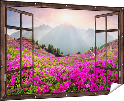 Gards Tuinposter Doorkijk Rhododendron Bloemenveld in de Alpen - 180x120 cm - Tuindoek - Tuindecoratie - Wanddecoratie buiten - Tuinschilderij