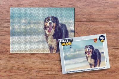 Puzzel Een Berner Sennenhond loopt over het strand - Legpuzzel - Puzzel 500 stukjes