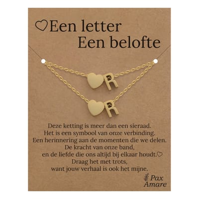 Letter R ketting + armband set op Cadeau Kaartje - Een letter, een belofte - Goudkleurig Stainless Steel - Initiaal & Hartje Hanger - Pax Amare