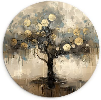 WallCircle® Wandcirkel 120x120 cm - Muurcirkel Beige - Abstract - Boom - Goud - Levensboom - Cirkels - Verf - Muurdecoratie woonkamer - Wanddecoratie slaapkamer - Kamer decoratie accessoires - Ronde schilderijen - Woonaccessoires binnen