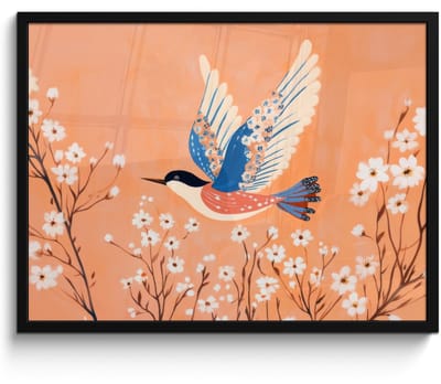 Poster in lijst - Fotolijst 80x60 cm - Posters - Vogel - Bloesemtakken - Warm - Kleurrijk - Posterlijst zwart - Decoratie - Wanddecoratie woonkamer - Muurdecoratie slaapkamer