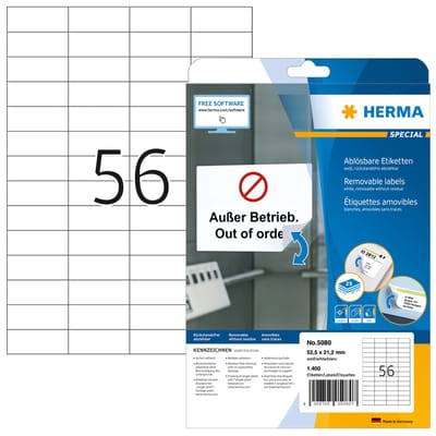 Etiketten HERMA 5080, 52,5 x 21,2 mm, 1400 stuks, op DIN A4, zelfklevend, sterk hechtend, verwijderbaar, papier, mat wit