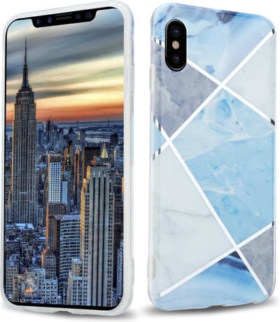 Cadorabo Hoesje geschikt voor Apple iPhone X / XS in Blauw Wit Grijs Marmer No. 2 - Beschermhoes gemaakt van TPU siliconen Case Cover met mozaïek motief