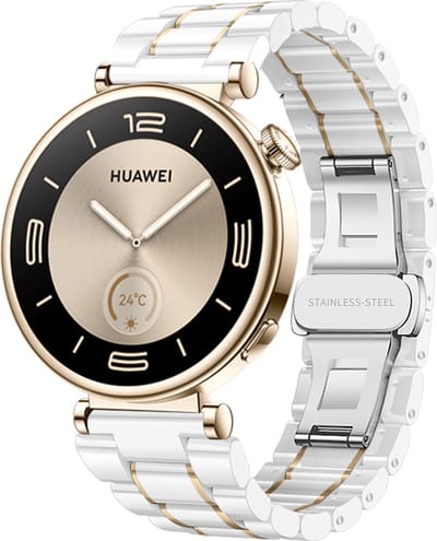 Strap-it Smartwatch bandje 18mm keramiek - Hoogwaardig keramisch bandje - geschikt voor Huawei Watch GT 4 - 41mm / Watch GT 5 41mm / GT 5 Pro - 42mm (wit/goud)