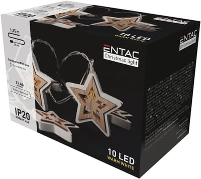 Entac Kerstverlichting LED Houten Sterren - 1.65m - 10 Lichtjes - Inclusief Batterijen - Lichtslinger - Warm Wit Licht