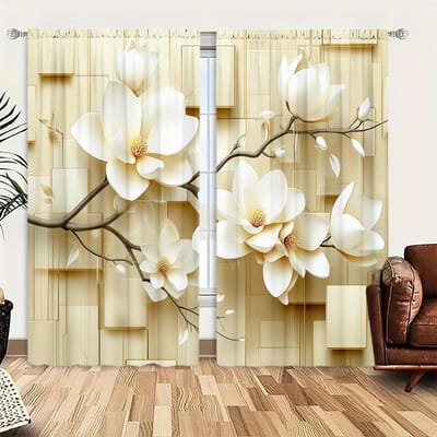 2 stuks Elegante en Zuiver Witte Magnolia Bloemen Bedrukte Gordijn voor Huisdecoratie - Tunnel voor Roede Raambekleding voor Slaapkamer, Kantoor 132cmX160cm X 2pcs