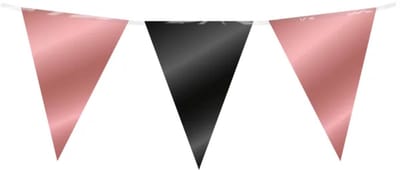 10 meter vlaggenlijn - Rosé-goud & Zwart - 15 vlaggen - Glimmende folie voor binnen & buiten - 30 cm vlaggen - Herbruikbare slinger