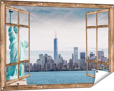 Gards Tuinposter Doorkijk Vrijheidsbeeld in New York - 120x80 cm - Tuindoek - Tuindecoratie - Wanddecoratie buiten - Tuinschilderij
