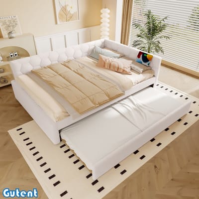 Gutent Slaapbank-140*200 cm-met lattenbodem (zonder matras)-met bedlampje-met uitschuifbed-USB-interface-Type-C-Kunstwol-Wit
