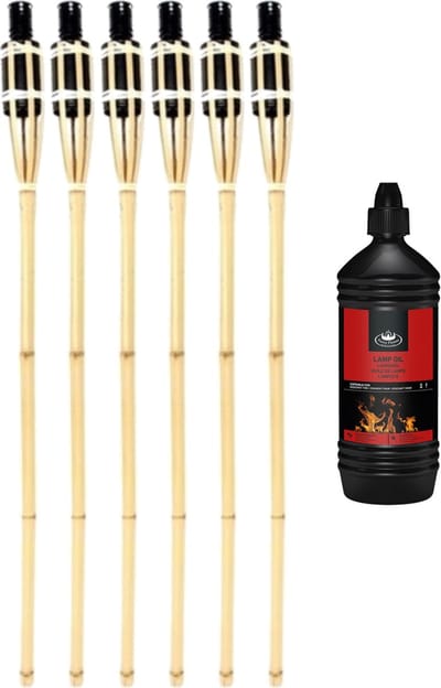 6x stuks Bamboe tuinfakkels 90 cm - Inclusief 1 liter lampenolie/fakkelolie